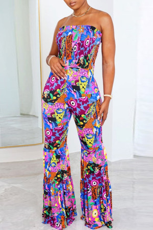 Sexy Casual Print Backless Strapless Regular Jumpsuits