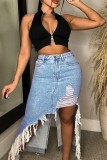 Casual Solid Ripped Patchwork Asymmetrical High Waist Skinny Denim Skirts