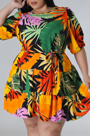 Casual Print Bandage Patchwork O Neck A Line Plus Size Dresses