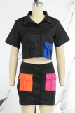 Casual Solid Patchwork Buttons Shirt Collar Short Sleeve Two Pieces