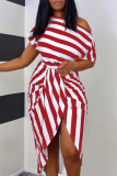 Sexy Casual Striped Print Patchwork Slit Oblique Collar Irregular Dress Dresses