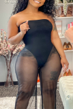 Sexy Simplicity Solid Patchwork See-through Mesh Strapless Plus Size Jumpsuits