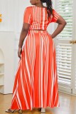 Casual Striped Print Bandage O Neck Short Sleeve Dress Plus Size Two Pieces