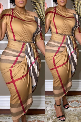 Sexy Casual Celebrities Color Block Fold Oblique Collar Wrapped Skirt Dresses