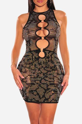 Sexy Patchwork Hot Drilling Hollowed Out O Neck Sleeveless Dress Dresses