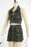 Sexy Street Camouflage Print Patchwork Buckle Turndown Collar Sleeveless Two Pieces