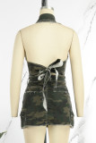 Sexy Street Camouflage Print Patchwork Buckle Turndown Collar Sleeveless Two Pieces