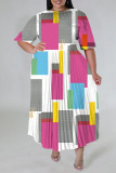 Casual Print Patchwork Fold O Neck A Line Plus Size Dresses