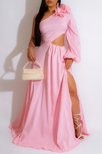 Casual Striped Print Hollowed Out Backless Slit Oblique Collar Long Dress Dresses