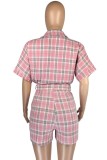 Casual Plaid Print Patchwork Shirt Collar Short Sleeve Two Pieces