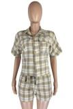 Casual Plaid Print Patchwork Shirt Collar Short Sleeve Two Pieces