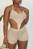 Sexy Solid Bandage Backless Asymmetrical Halter Sleeveless Two Pieces