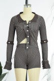 Sexy Striped Print Patchwork Buckle Asymmetrical Turndown Collar Long Sleeve Two Pieces