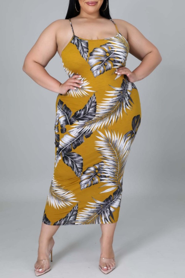 Sexy Casual Print Backless O Neck Sling Dress Plus Size Dresses