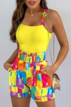 Casual Print Backless With Belt Spaghetti Strap Sleeveless Two Pieces