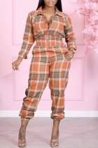 Casual Plaid Print Patchwork Turndown Collar Regular Jumpsuits (Subject To The Actual Object)