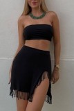 Sexy Solid Color Tassel Stitching High Waist Tight Skirt