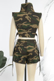 Casual Camouflage Print Patchwork Turtleneck Sleeveless Two Pieces (Without Belt)