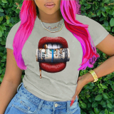 Casual Street Lips Printed Patchwork O Neck T-Shirts