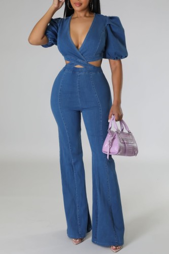 Casual Solid Hollowed Out Patchwork V Neck Regular Jumpsuits
