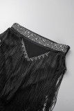 Sexy Party Solid Tassel See-through Sequined Hot Drill V Neck Long Sleeve Two Pieces