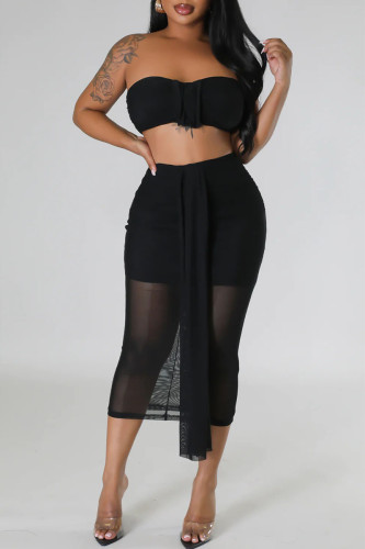 Sexy Solid Patchwork Strapless Sleeveless Two Pieces