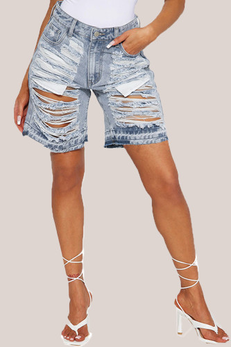 Casual Street Solid Hollowed Out Patchwork Regular Denim Shorts