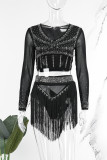 Sexy Party Solid Tassel See-through Sequined Hot Drill V Neck Long Sleeve Two Pieces