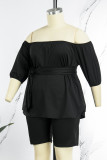 Casual Solid Bandage Patchwork With Belt Off the Shoulder Plus Size Two Pieces