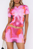 Sexy Street Print Patchwork O Neck Short Sleeve Two Pieces