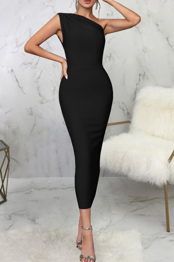 Sexy Solid Patchwork Oblique Collar Pencil Skirt Dresses