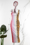Work Daily Print Leopard Frenulum Backless Spaghetti Strap One Step Skirt Dresses(With The Scarf)