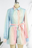 Casual Daily Plaid Print Frenulum Turndown Collar Straight Rompers（With Belt）
