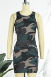 Sexy Casual Street Camouflage Print Cut Out O Neck One Step Skirt Dresses(Without Belt)