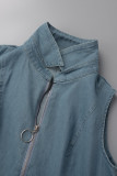 Casual Work Patchwork Pocket Frenulum Turndown Collar Sleeveless Mid Waist Skinny Denim Dresses(With Belt)