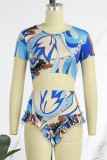 Sexy Print Basic O Neck Short Sleeve Two Pieces