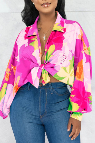 Casual Print Bandage Patchwork Turndown Collar Tops