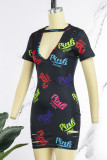 Sexy Street Print Hollowed Out Letter O Neck One Step Skirt Dresses
