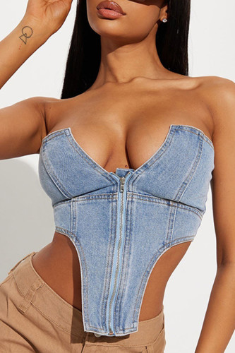 Sexy Casual Sweet Solid Patchwork Backless Asymmetrical Strapless High Waist Tops
