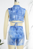 Casual Street Print Bandage Patchwork Asymmetrical O Neck Sleeveless Two Pieces