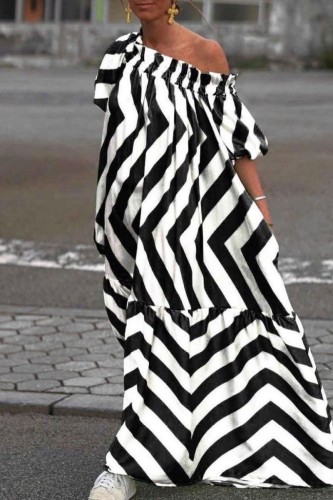 Casual Striped Print Off the Shoulder Long Dress Dresses