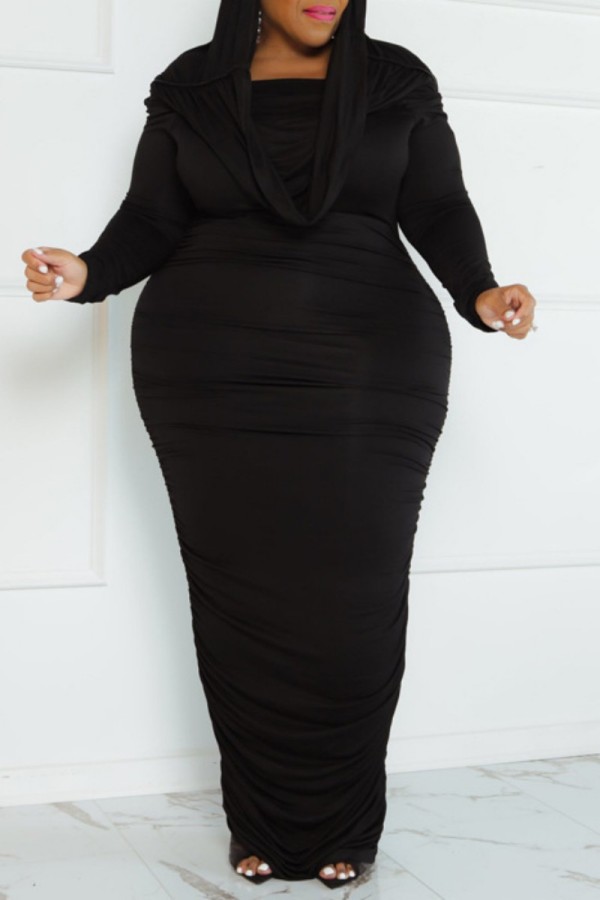 Casual Solid Fold Off the Shoulder Long Sleeve Plus Size Dresses