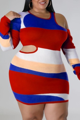 Casual Patchwork Hollowed Out V Neck Long Sleeve Plus Size Dresses
