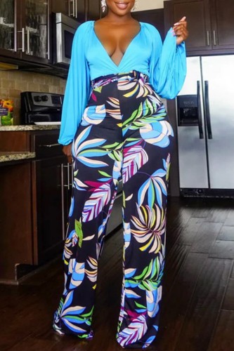 Casual Print Patchwork V Neck Plus Size Jumpsuits