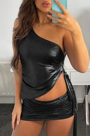 Sexy Street Party Solid Draw String Fold Reflective Oblique Collar Sleeveless Two Pieces