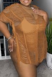 Sexy Solid Patchwork See-through V Neck Plus Size Tops