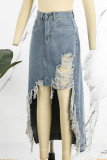 Casual Solid Ripped Patchwork Asymmetrical High Waist Skinny Denim Skirts
