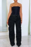 Casual Solid Patchwork Regular High Waist Conventional Solid Color Jeans