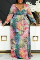 Casual Print Slit V Neck Long Sleeve Plus Size Dresses