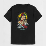 Retro Girl Poster Casual Design Graphic Black Print T-shirt